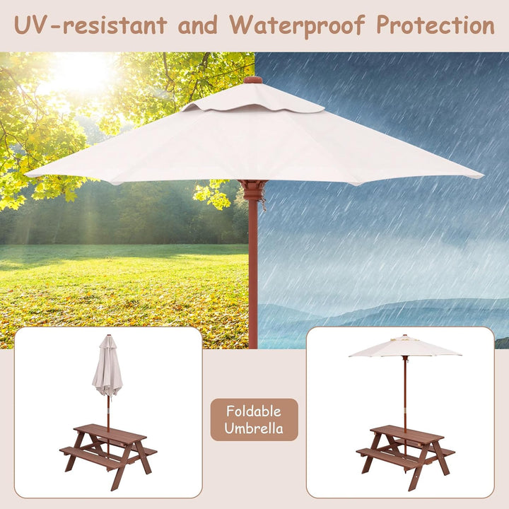 Kids Picnic Table, Outdoor Toddler Wooden Table and Chair Set with Removable Umbrella, Children Activity Furniture Bench Set for Patio Garden Backyard