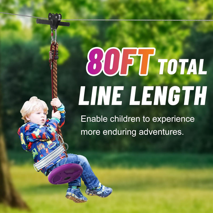 Zip Line Kit 80Ft for Kid and Adults up to 400Lb-Special Retractors and Thickened Disc Seats,Zipline Kit for Backyard
