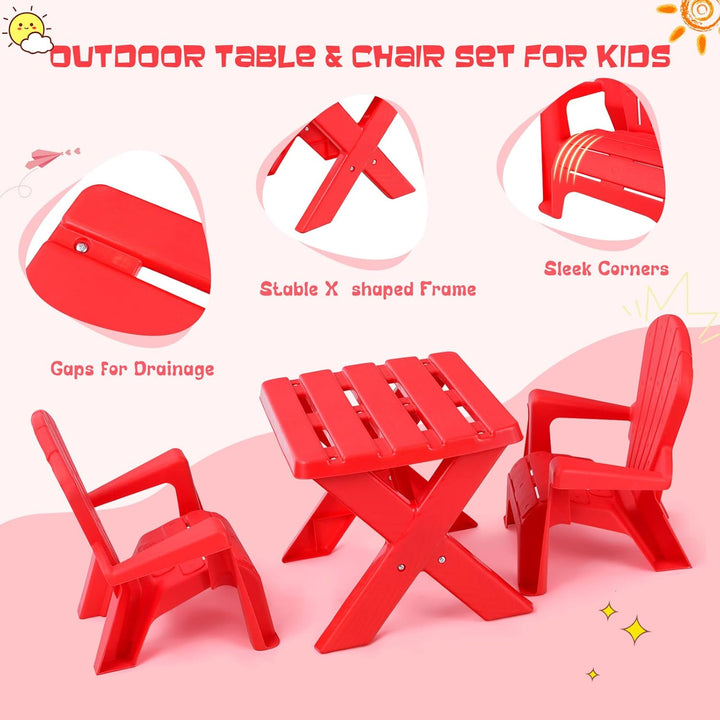 Kids Outdoor Table & Chair Set, Toddler Play Table with 2 Adirondack Chairs, 3 Pcs Kids Backyard Furniture, Stackable Design for Saving Space, for Beach, Garden, Lawn (Red)