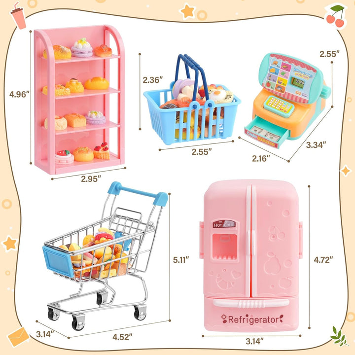 165Pcs Mini Shopping Cart Basket Miniature Food Drink Toy Supermarket Metal Handcart Shelves Cash Register Fridge Food Scale Trolley Dollhouse Store Grocery Accessories Kitchen Play Game Party Model