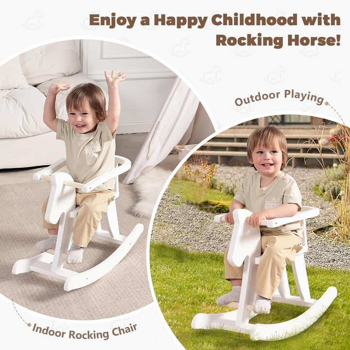 - Wooden Rocking Horse, Baby Wooden Ride on Toys for 12M+, White Rocker Toy with Removable Fence, Toddler Riding Toy Indoor/Outdoor, Nursery Birthday Gift