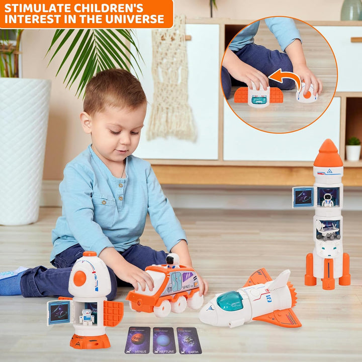 Spaceship Toy Set for Kids, Space Astronaut Play with Lights & Sound and Spray Effect, Interactive Toys, Rocketship Solar System Playset with Rocket Shuttle, Space Station, Space Rover (Orange)