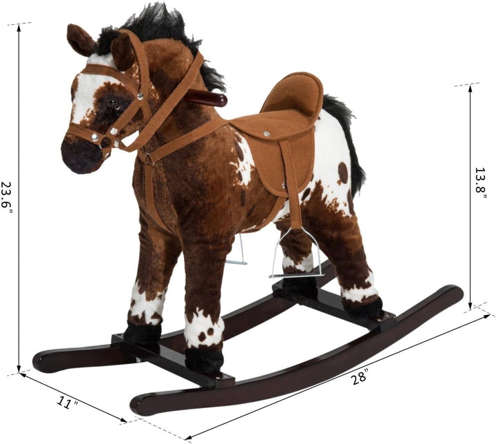 Kids Metal Plush Ride-On Rocking Horse Chair Toy with Realistic Sounds - Dark Brown/White