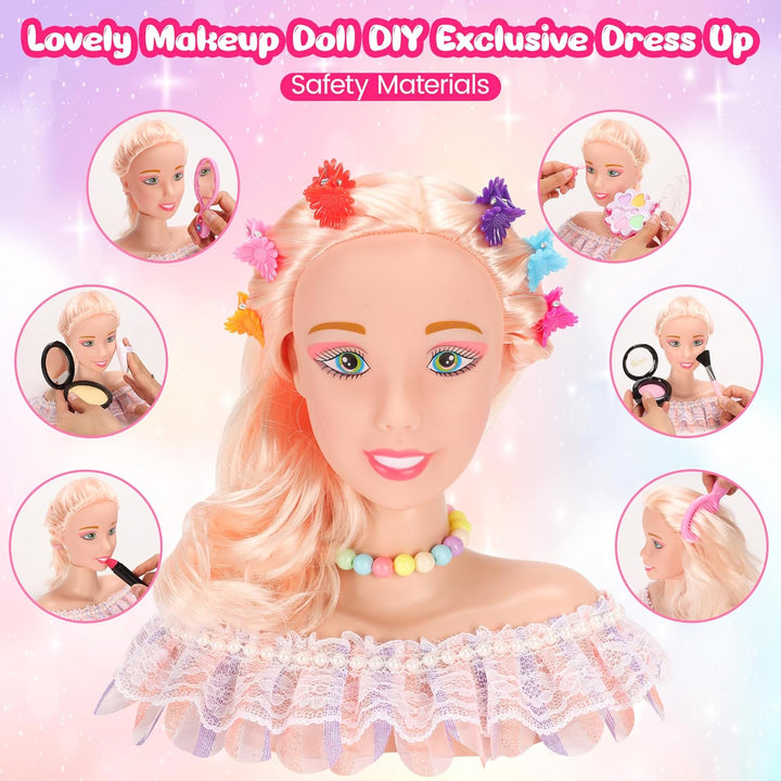 42PCS Pretend Play Hair Styling Doll Head Makeup Kit for Girl, Hair Makeup Salon Doll Toy Kid, with Hairdryer Curling Iron Eye Shadow Powder Hair Clip Set Birthday for 3+ Girl Year