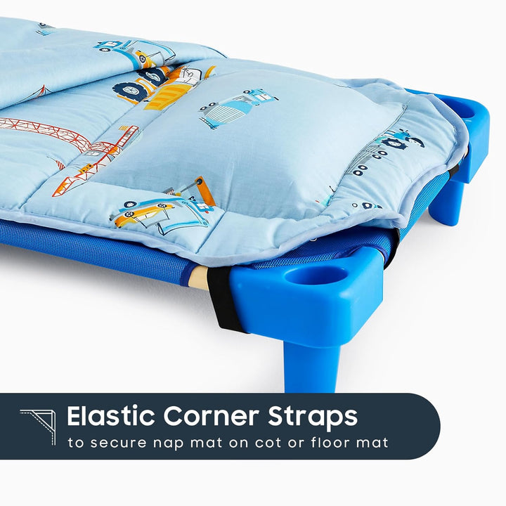 - Cot Nap Mat with Pillow and Blanket, 100% Cotton Fabric, for Toddler Kids Boys Girls in Daycare Kindergarten Preschool with Elastic Corner Straps, Cars Cranes Trucks on Blue