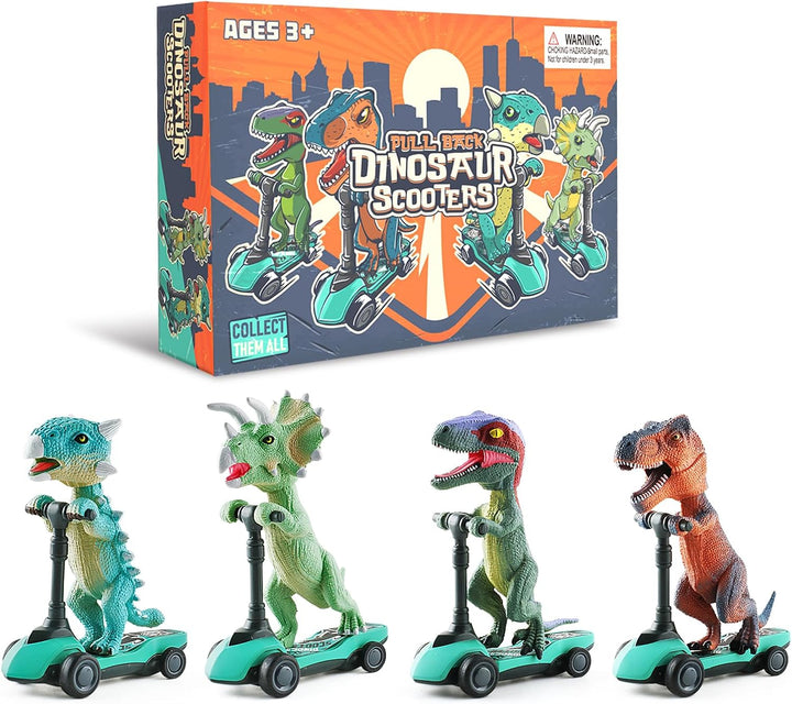 Dinosaur Scooter Toys Pull Back Cars Mini Finger Kick Scooters Boy Toy Age 3 4 5 6, Dino Gift Sets for Kids 4-Pack