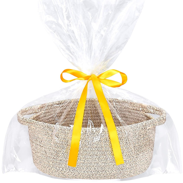 Small Basket with Gift Bags and Ribbons, Empty Gift Baskets, Decorative Boho Rope Woven Nursery Storage Organizer Toy Baskets with Handle for Baby Showers, 12"X 8" X 5"