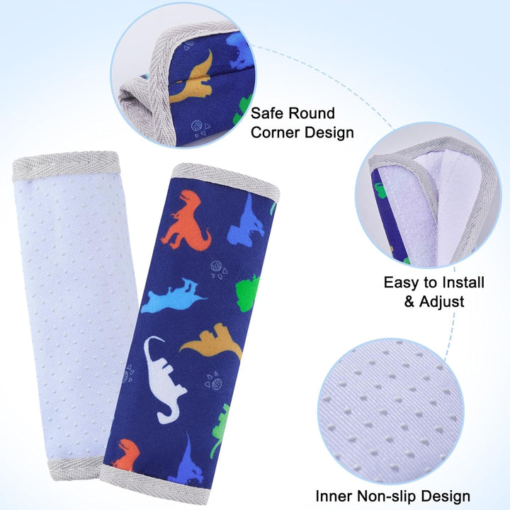 Seat Belt Cover Pad for Baby, Soft Seatbelt Cushion Covers for Kids 2Pcs Car Seat Strap Shoulder Pads for All Car Seats, Stroller, High Chair,Blue Dinosaur