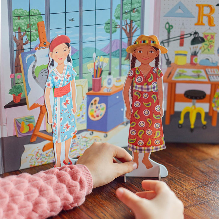 : Musician and Artist Paper Doll Reusable Set, Comes with a 2 Sided Stand-Up Scene, Heavy Duty Board, Perfect for Ages 5 and Up