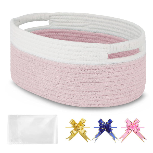 Small Woven Basket with Gift Bags and Ribbons, Empty Baby Gift Baskets, Shelf Storage, Small Cat Dog Pet Toy Boxes, 13”X 9”X 5.5”, Light Pink