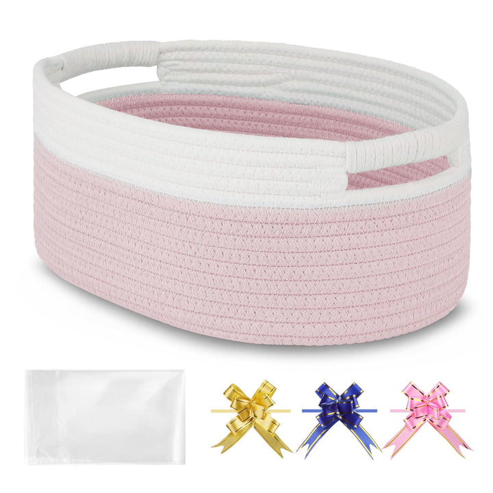 Small Woven Basket with Gift Bags and Ribbons, Empty Baby Gift Baskets, Shelf Storage, Small Cat Dog Pet Toy Boxes, 13”X 9”X 5.5”, Light Pink