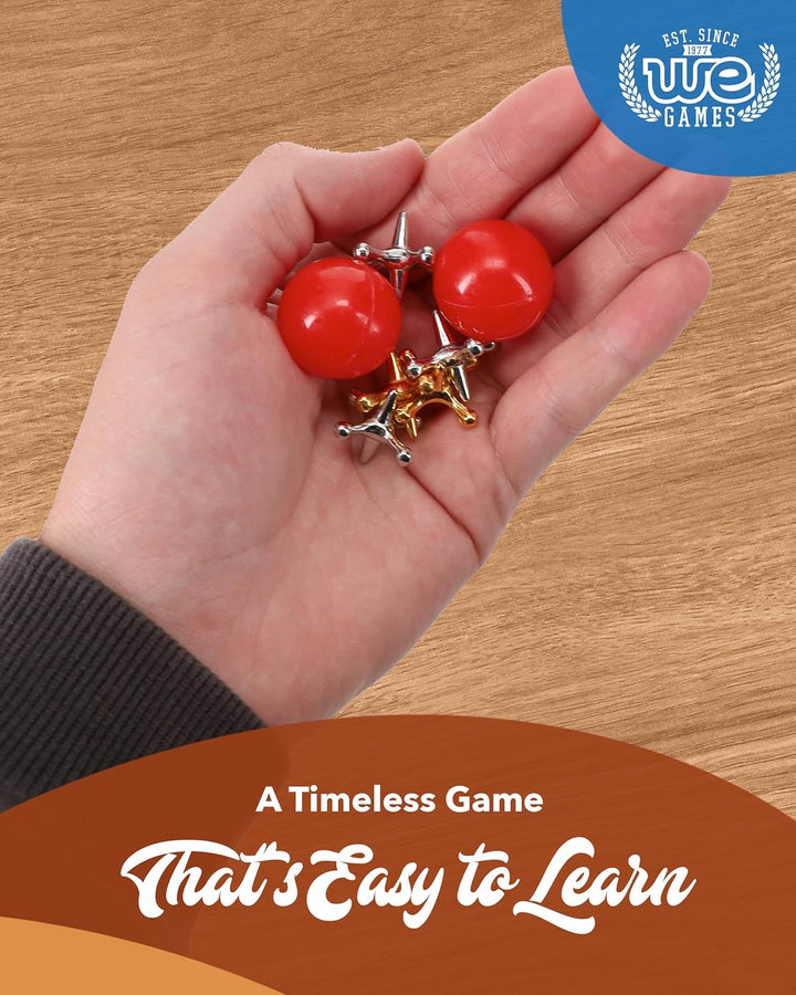 Metal Jacks Set – Classic Jacks Game with 2 Red Balls in Keepsake Wooden Box – Nostalgic Floor Game
