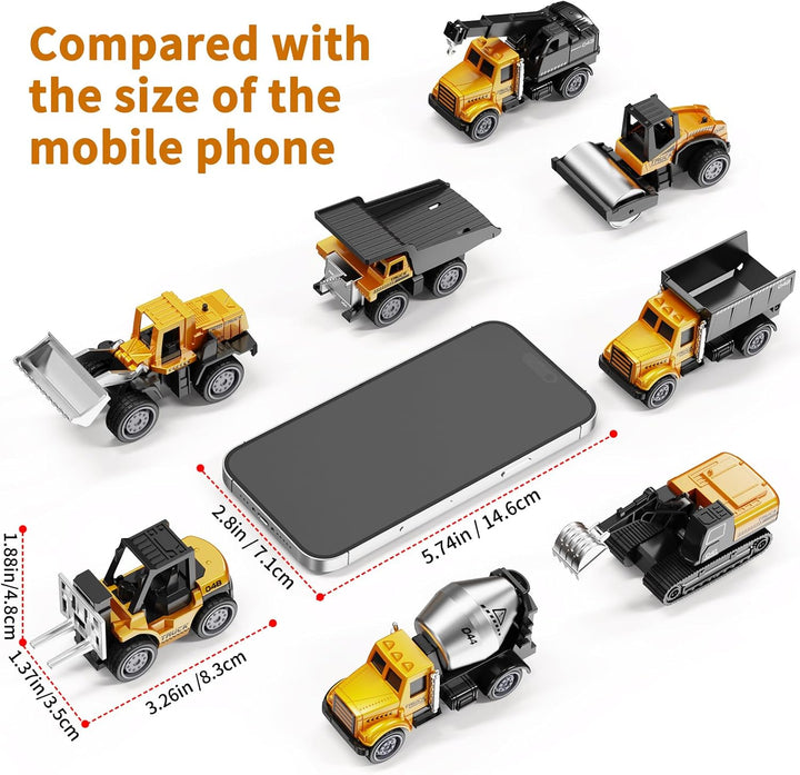 Alloy Mini Construction Vehicles, 8Pcs Die-Cast Construction Toys Set, Excavators Mixer Truck Bulldozers Forklift Dump Truck, Pull Back Car Toys for Toddlers Kids Boys & Girls