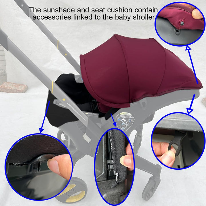 Stroller Accessory Washing Kit Textile Set, Colorful Canopy & Water Resistance Soft Cushion Compatible with DOONA CAR SEAT Strollers (Wine Red)