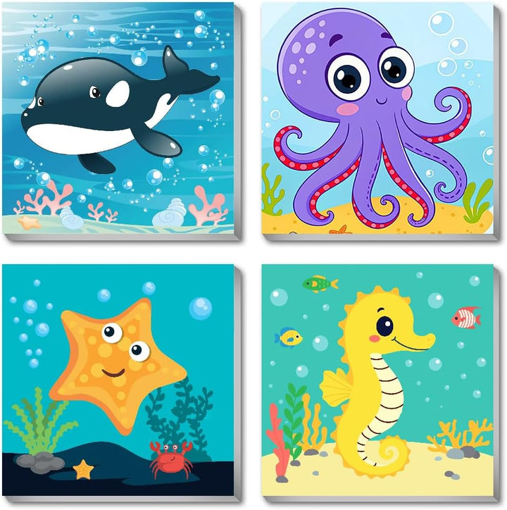 4 Pack Framed Paint by Numbers Kit for Kids,Cute Sea Animals Painting Kits for Ages 4-6,Easy Paint by Number Kids Paint for Beginner,Diy Acrylic Oil Painting Kit for Wall Decor(8X8Inch)