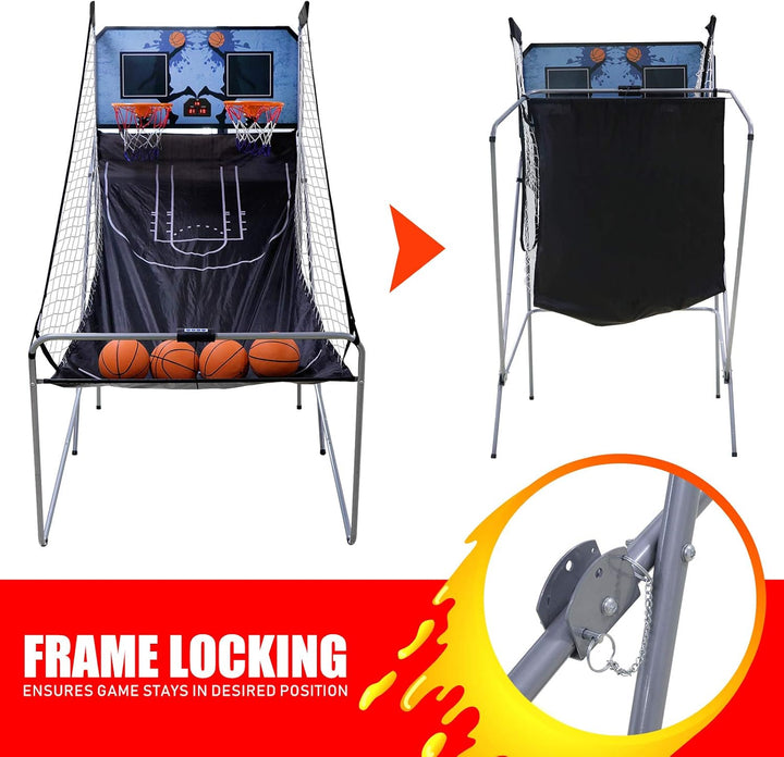 Foldable Indoor Basketball Arcade Game Double Shot 2 Player W/ 4 Balls, Electronic Scoreboard and Inflation Pump
