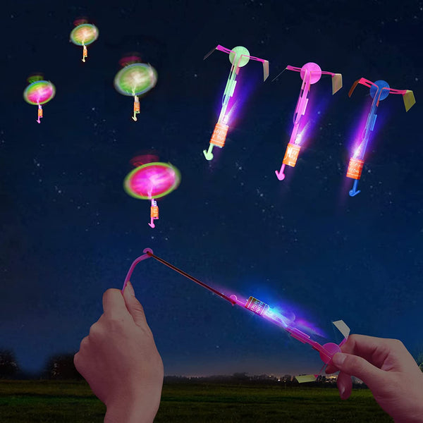 25 Sets LED Flying Set, 25 Slingshot+25 Glow Helicopter-50 Pcs, Flying Toy Outdoor Toys Glow in the Dark Party Supplies Party Favors for Kids 8-12,4-8
