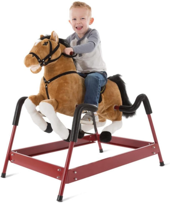 Spring Rocking Horse Plush Ride on Toy with Adjustable Foot Stirrups and Sounds for Toddlers to 5 Years Old by Happy Trails - Brown