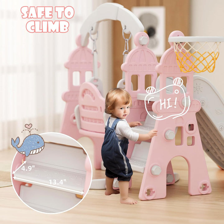 4-In-1 Kids Slide and Swing Set, Toddler Slide with Basketball Hoop, Swing, Outdoor Indoor Playground for Toddlers 1-3 (4 in 1-Pink)