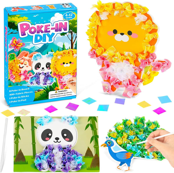 8PCS Poke-In Craft and Art Kit for Kids Animal Theme No-Mess Fabric Sewing Art Girls Boys 4-12 Puzzle Puncture Painting DIY Jungle Animal Toy Gifts for Creative Activity Game Birthday Party