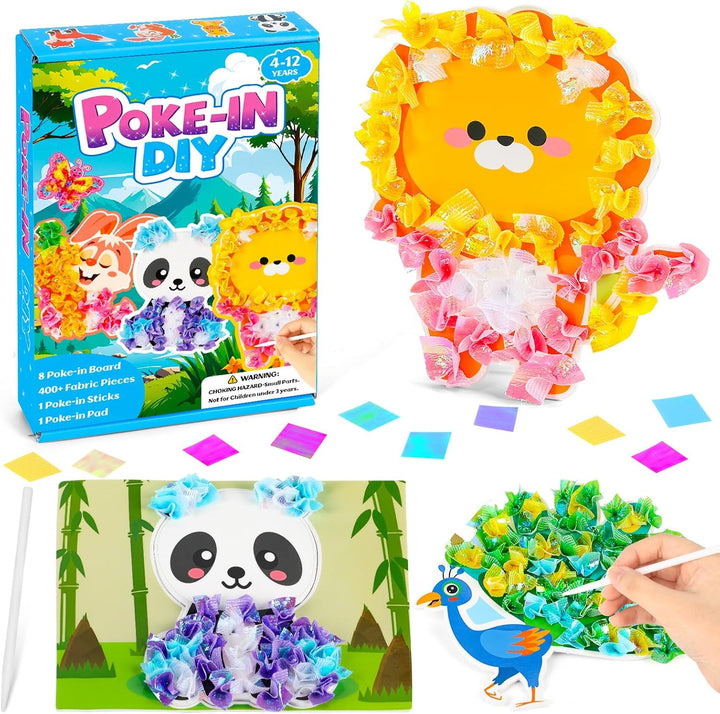 8PCS Poke-In Craft and Art Kit for Kids Animal Theme No-Mess Fabric Sewing Art Girls Boys 4-12 Puzzle Puncture Painting DIY Jungle Animal Toy Gifts for Creative Activity Game Birthday Party