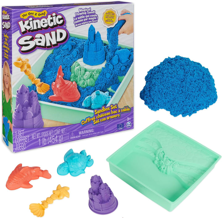 , Sandbox Set with 1Lb Green Play Sand, 4 Tools & Molds, Storage, Sensory Toys for Kids Ages 3 and Up