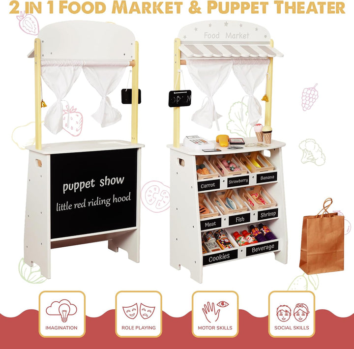 Kids Grocery Store Playset,Pretend Play Store Toy & Wooden Supermarket Shopping Cart with Toy Cash Register, Play Money&Blackboard;26Pcs Food Toys Shop for 3+ Year Old Boys Girls Toddler Baby