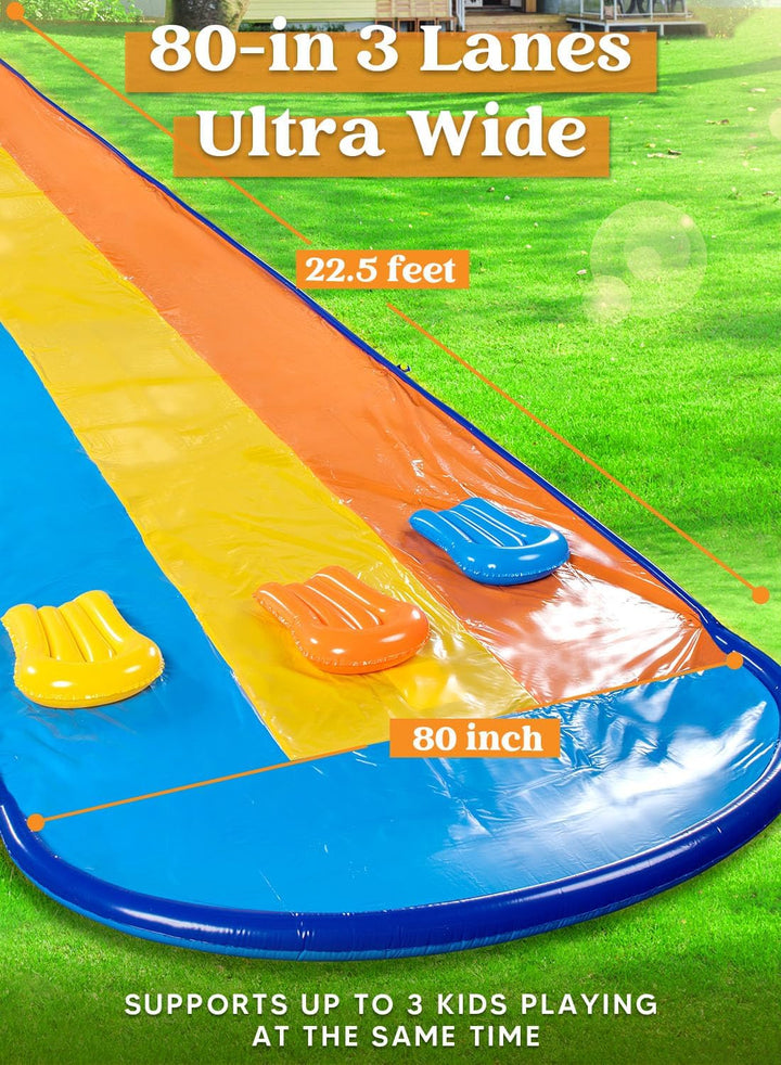 Triple Water Slide with 3 Bodyboards, 22.5FT Lawn Water Splash Slip and Slide Summer Toy Splash Pad with Build in Advanced Sprinkler for Kids Adults Backyard Summer Water Fun