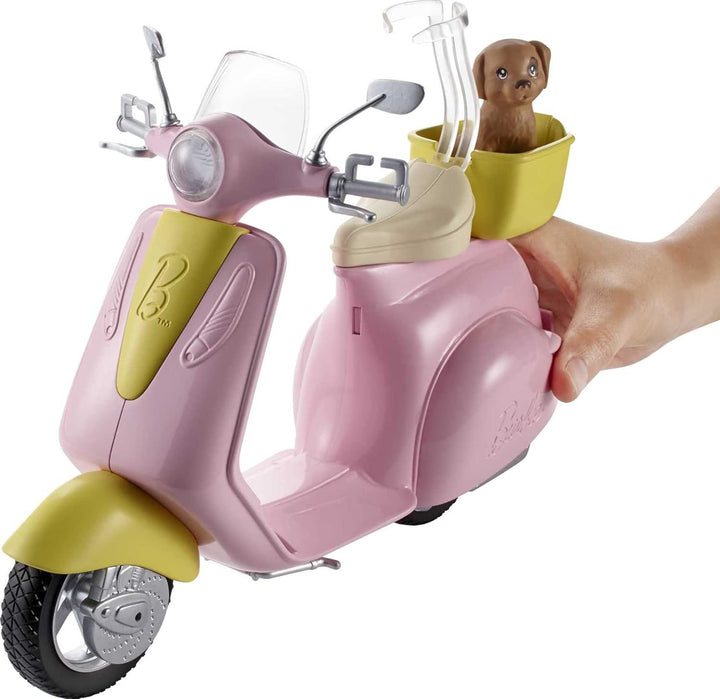 Toy Scooter with Puppy & Helmet Accessory, Pink & Yellow Moped with Basket, Kickstand & Seat Clip for Doll