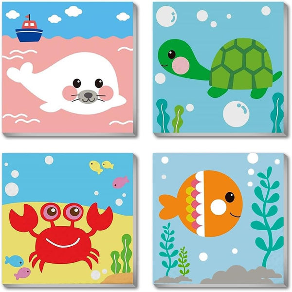 4 Pack Framed Paint by Numbers Kit for Kids,Cute Sea Animals Painting Kits for Ages 4-6,Easy Paint by Number Kids Paint for Beginner,Diy Acrylic Oil Painting Kit for Wall Decor(8X8Inch)