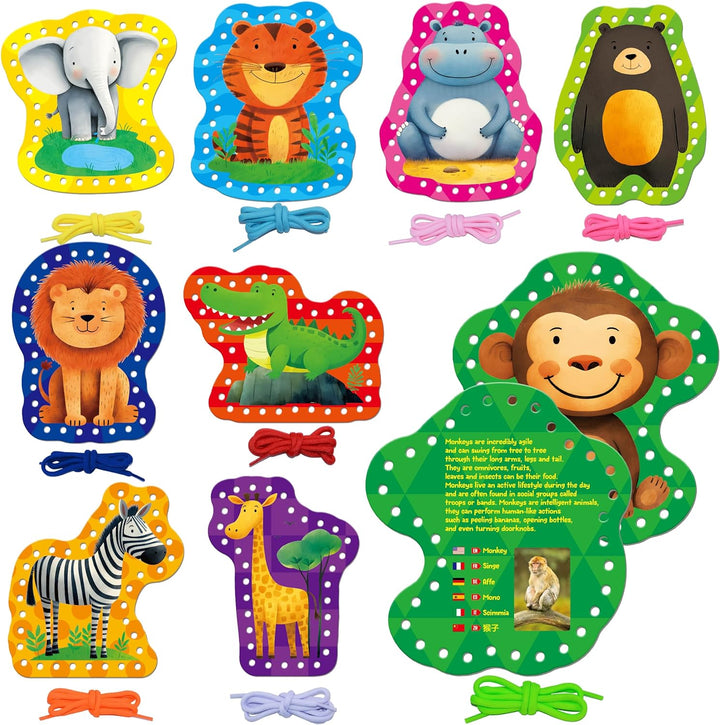 9 Pieces Kids Lacing Cards, Double Sided Sewing Cards in 9 Wild Animals with 9 Colorful Laces, Imagination Development Lacing Toys Games for Children Educational and Learning Activity
