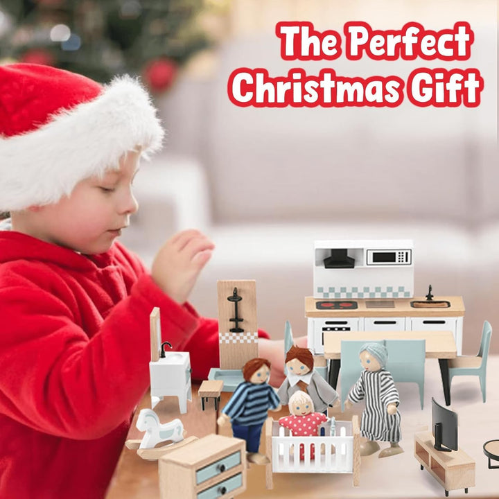 36Pcs Wooden Dollhouse Furniture Set 5 Rooms with 4 Family Dolls, Wood and Plastic Blue Dollhouse Accessories, Pretend Play Furniture Toys Christmas Birthday Gift for Boys Girls & Kids Toddlers 3Y+