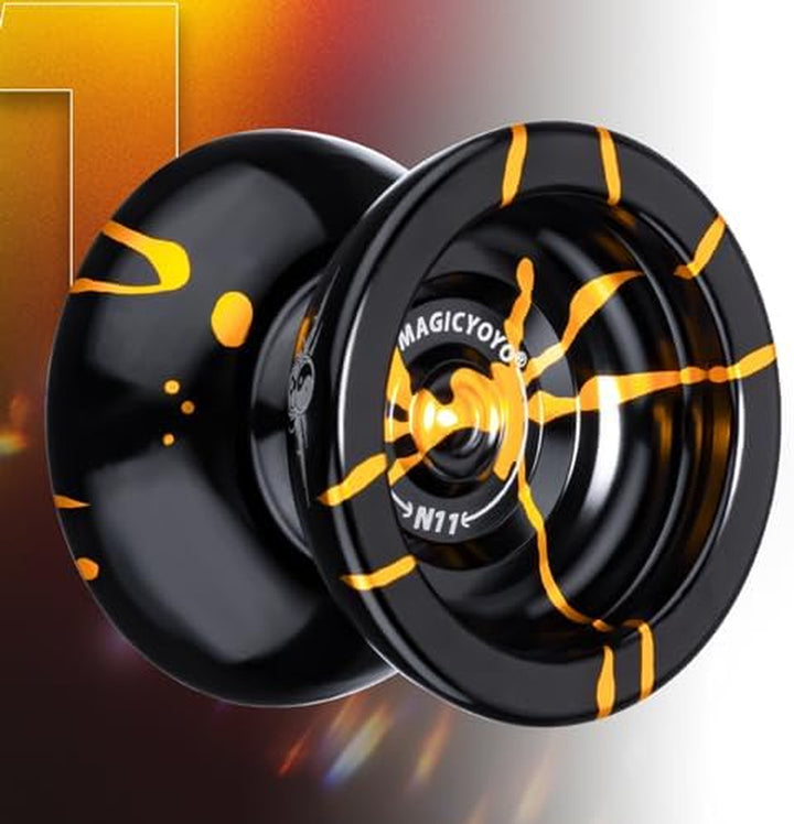 N11 Professional Unresponsive Yoyo N11 Dual Purpose Alloy Trick Yoyo Ball (Black with Golden) with Bag, Glove, 12 Yoyo Strings and Responsive Bearing Kit