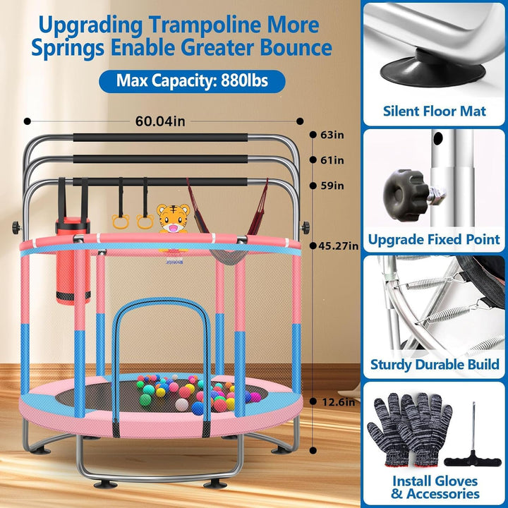 60" Toddler Trampoline for Kids, 5FT Adjustable Trampoline Indoor Outdoor with Enclosur Net, Mini Trampoline for Kids 3-10, 880Lbs Capacity, Adjustable Gymnastics Bar, Basketball Hoop, Swing