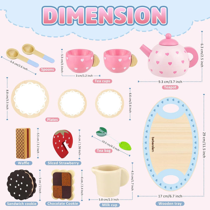 Wooden Tea Set for Little Girls Birthday Gift 2-4 Year Old Princess Toys Play Food Sets for Kids Kitchen Accessories Toddlers 3-5 Outdoor Party 1-3 Pretend Food Dessert Cookies Wood Toy