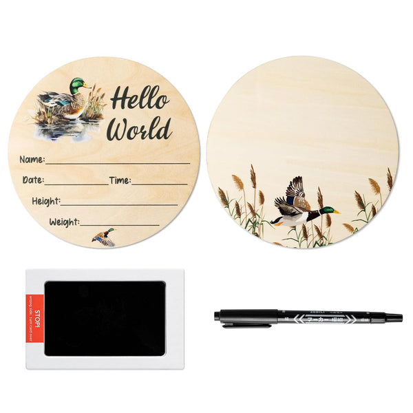 Baby Birth Announcement Sign with Marker Pen, Mallard Duck Baby Name Sign with Ink Pad for Hand and Footprints, Wooden Hello World Newborn Announcement Nursery Decor Keepsake Gifts