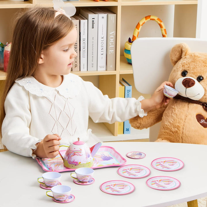 Unicorn Tea Set for Toddlers Tea Party Set for Children Kids Pretend Role Play Tin Teapot Set with Cups, Plates and Carrying Case Kitchen Toy for Little Girls Birthday Gifts Age 3 4 5 6