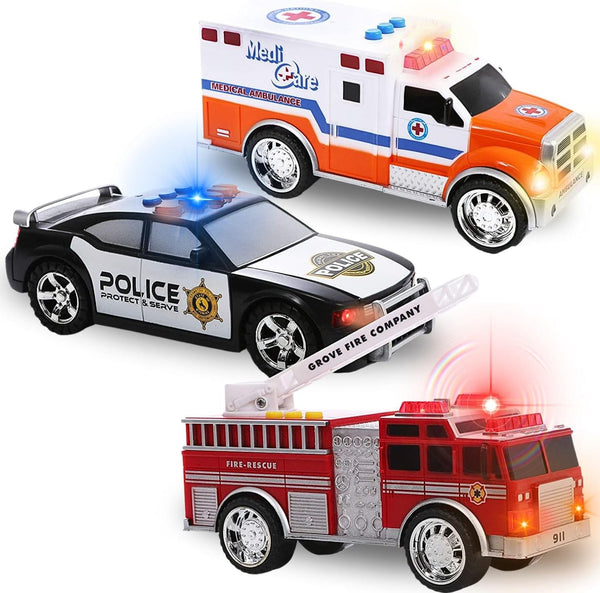 3-In-1 True Hero Emergency Rescue Vehicles Kids Toy Cars Playset - Ambulance, Fire Truck and Police Car with 3-Button LED Light and Sound Effects