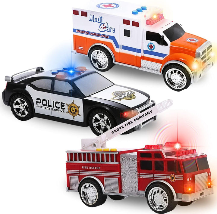 3-In-1 True Hero Emergency Rescue Vehicles Kids Toy Cars Playset - Ambulance, Fire Truck and Police Car with 3-Button LED Light and Sound Effects