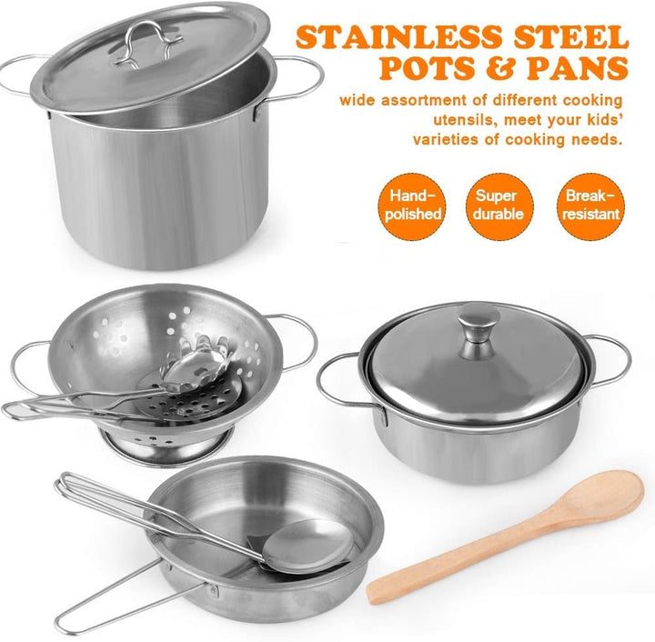 Play Kitchen Accessories, Kids Play Pots and Pans Playset with Mini Stainless Steel Pretend Play Cooking Toys, Cookware Utensils, Apron and Chef Hat, Cutting Food for Toddler Boys Girls