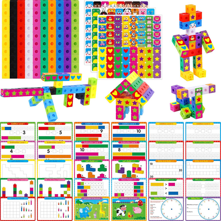 Math Linking Cubes, Math Cubes Manipulatives with Activity Cards Linking Cube Math Counters for Kids Kindergarten Learning Activities