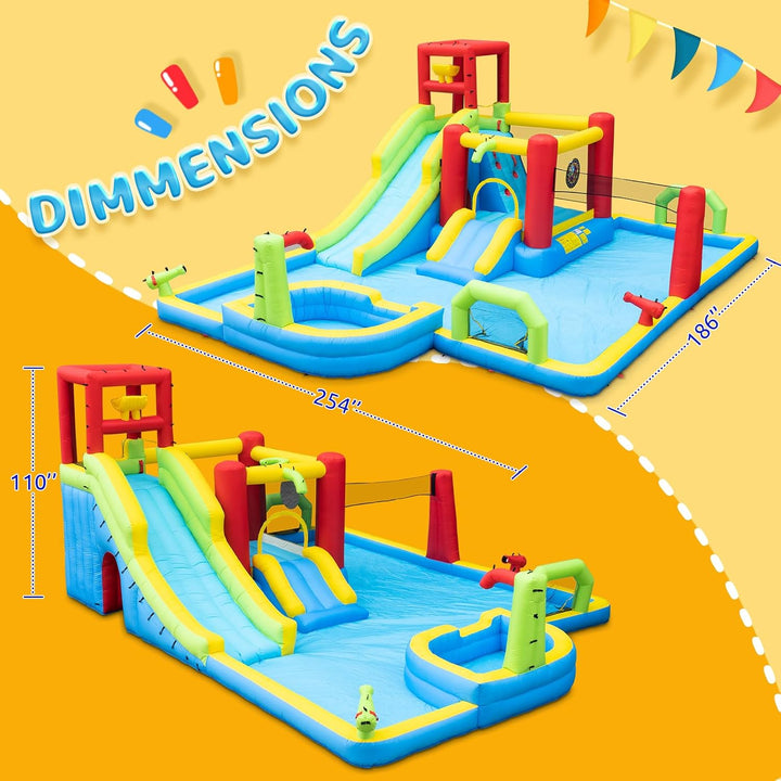 Inflatable Water Slides Park, Large Water Castle for Kids Fun Outdoor Jumping Inflatable Bouncers with Extra Large Pool and 2 Slides, 3 Types of Ball Games, Easy to Set up with Air Blower
