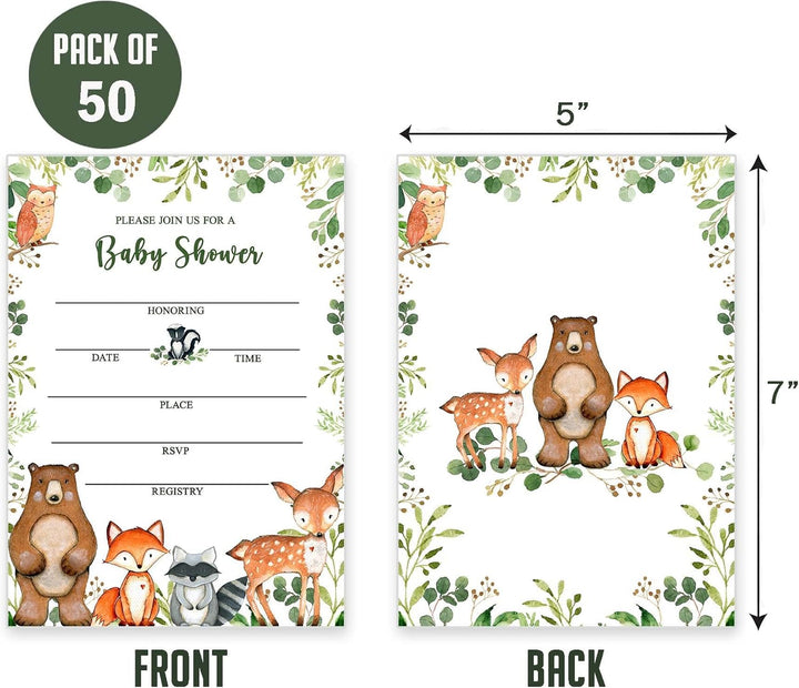 50 Woodland Baby Shower Invitations, Forest Woodland Greenery Invitations Macthing Envelpoes, Diaper Raffle Tickets, Book Request Cards, Forest Creatures Invitations