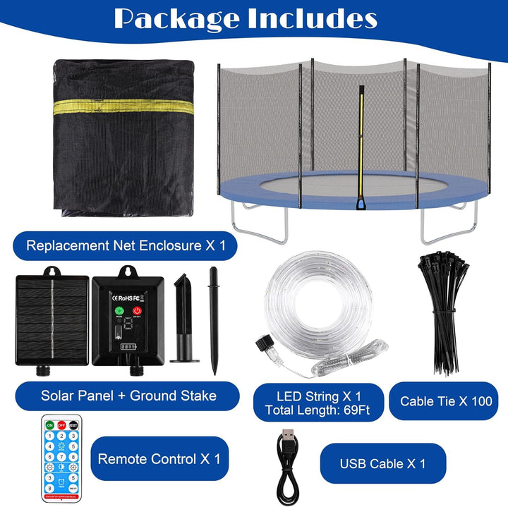 Trampoline Replacement Net 14Ft Trampoline Safety Enclosure Net with Solar Rope Lights Breathable Weather Resistant Trampoline Net for round Frame