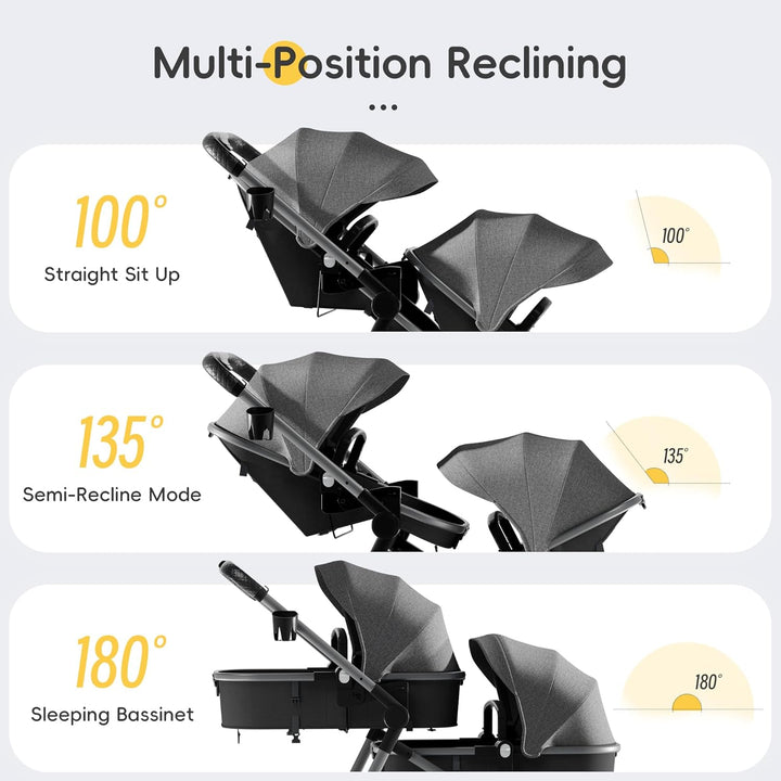Double Stroller, Foldable Twin Tandem Stroller with Adjustable Backrest, Reversible Seat, 5-Point Harness, Storage Basket, Convertible Baby Bassinet for Infant and Toddler, Gray