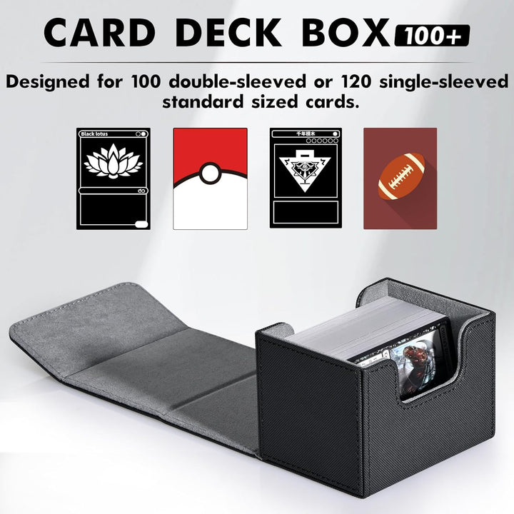 Card Deck Box for Trading Cards, MTG Commander Deck Box Holds 120+ Single Sleeved Cards, Leather Magnetic Card Storage Box Fits for TCG CCG Magic Cards (Black)
