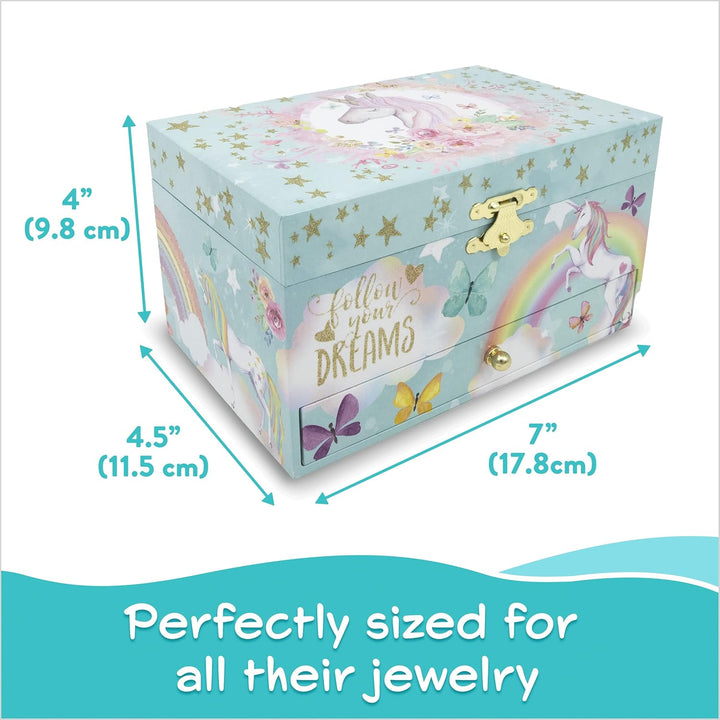 Unicorn Musical Jewelry Box, Classic Melody Storage Organizer Kids Ages 6-12, Wood Construction W/ 2 Compartments
