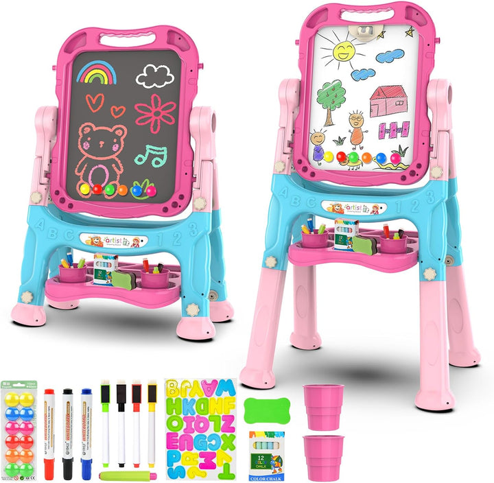 Easel for Kids, Adjustable Standing Art Easel for Toddler, Double Side White Chalk Board with Painting Accessories, Birthday Christmas Gift for Little Girls and Boy Age 3 4 5, Pink
