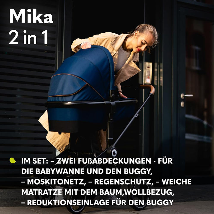 Mika 2-In-1 Combination Pushchair Baby Carrycot Pram Buggy Rain Cover Shoulder Strap for Transport Mattress Mosquito Net Foot Cover Waterproof Material Rubber Wheels (Grey Stone)