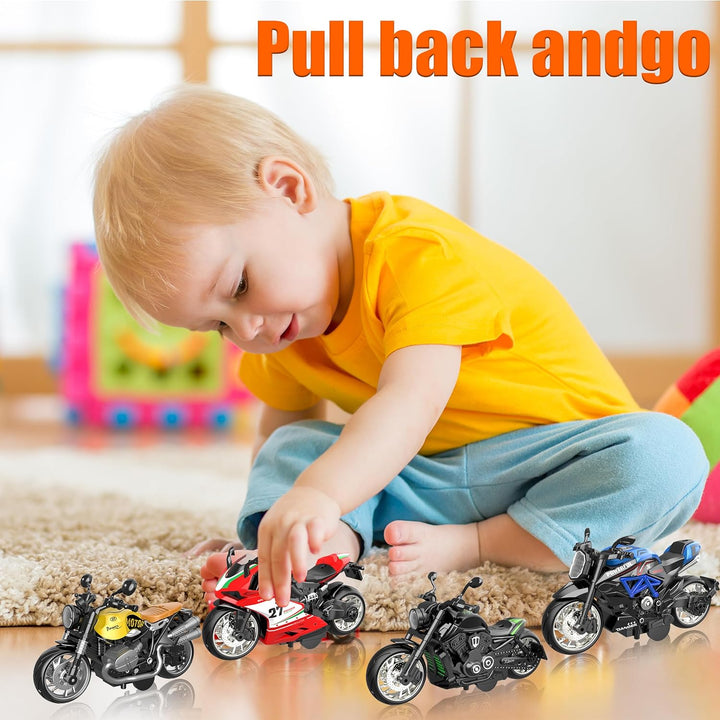 Alloy Metal Diecast Motorcycle Model Toy Set, 4 Pack of 1:12 Scale Die-Cast Motorcycles with Light&Sounds, Pull Back Function Toy Moto Bike for Kids Boys Girls and Collectors Ages 3 and Up